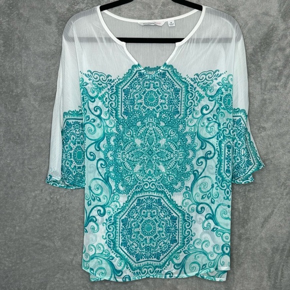 Isaac Mizrahi Medium Shirt Top Blue White Paisley Half Sleeve V Neck Sheer Women - Picture 1 of 6